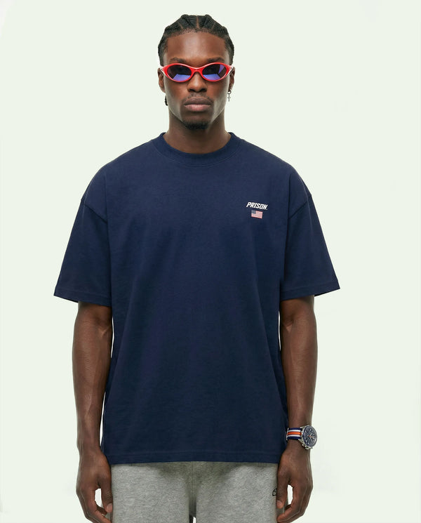 T Shirt Essentials Prison USA Flag Logo Navy