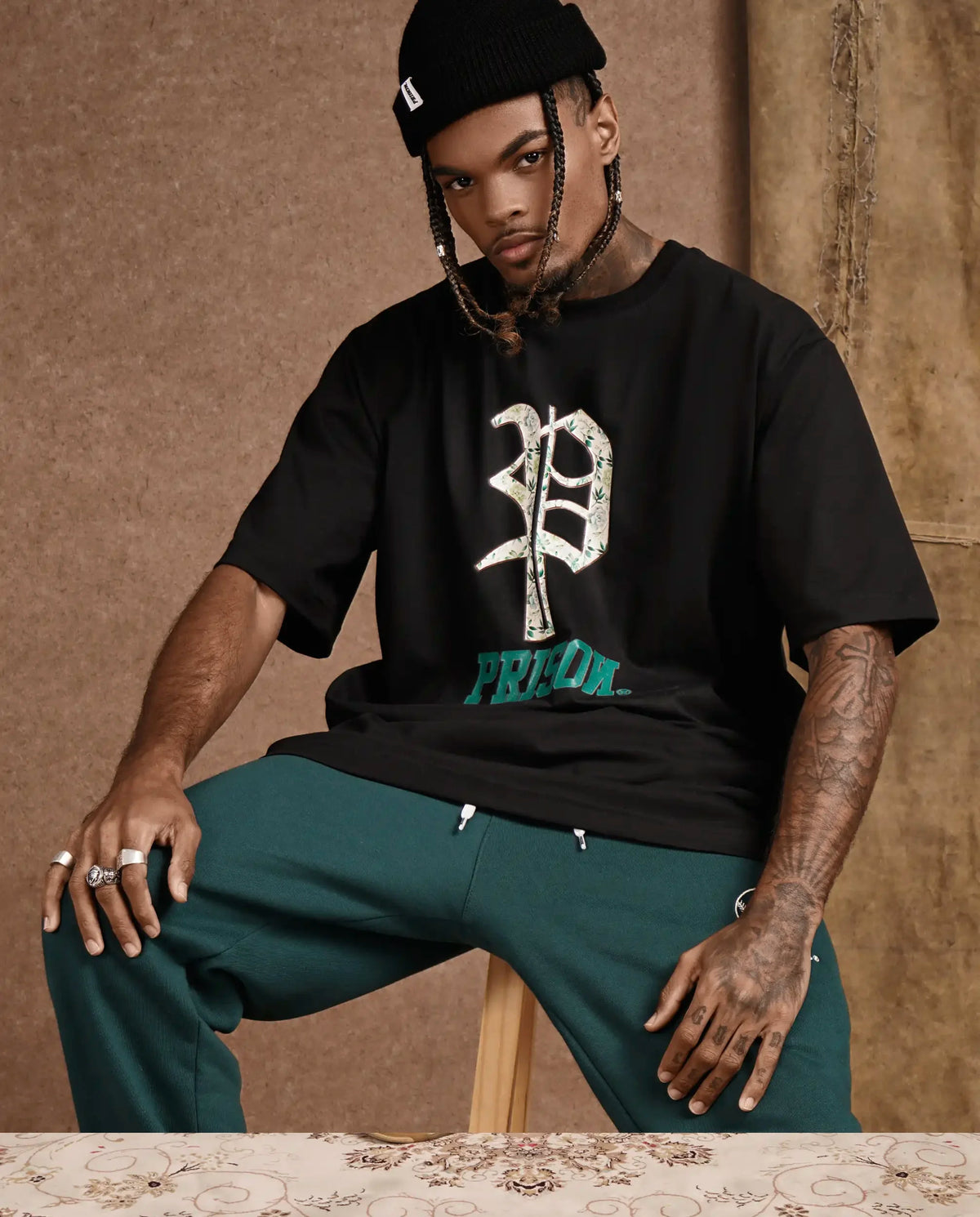 Oversized Floral T Shirt Prison Monogram Black