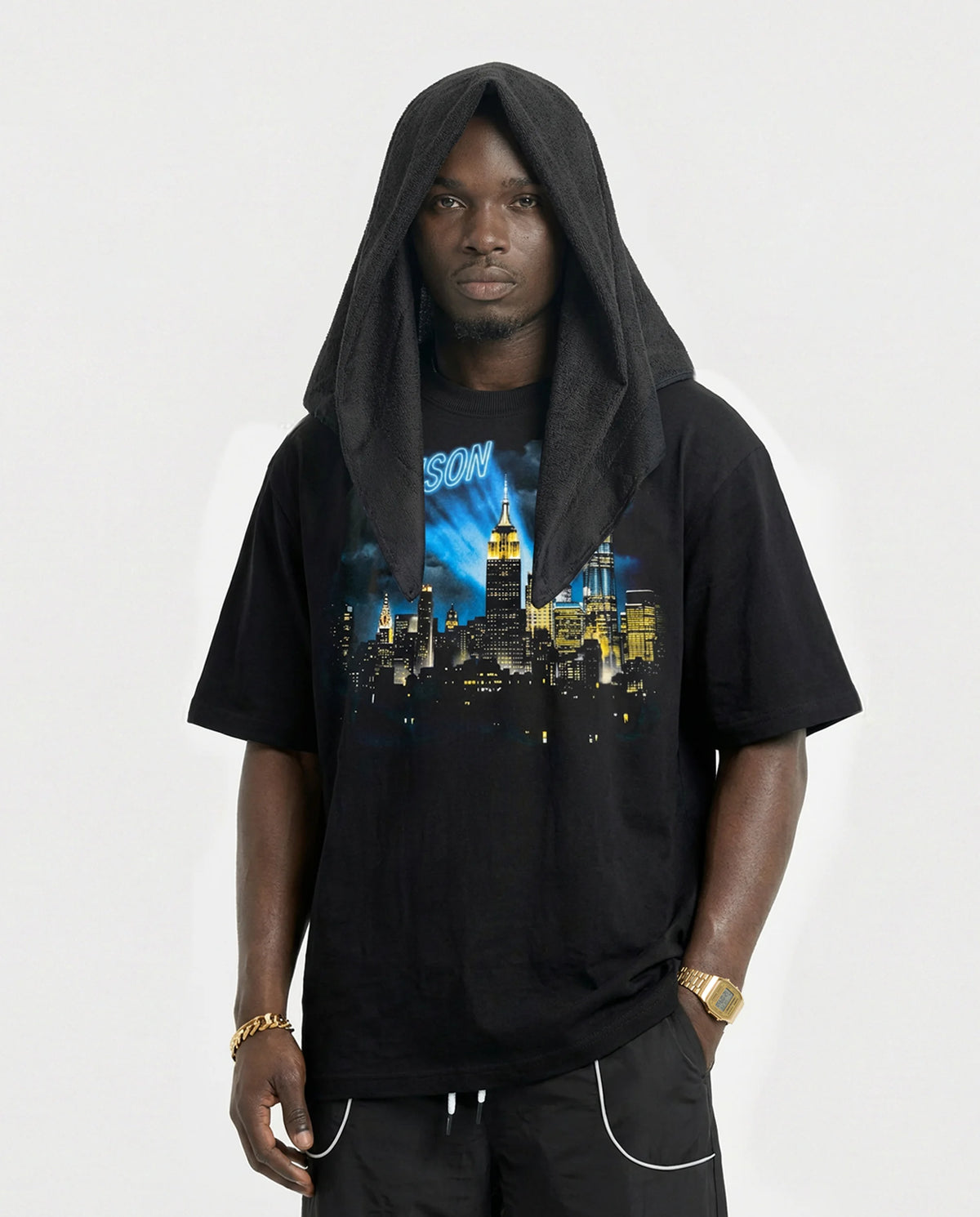 Oversized Graphic T Shirt NYC Skyline Night - Black