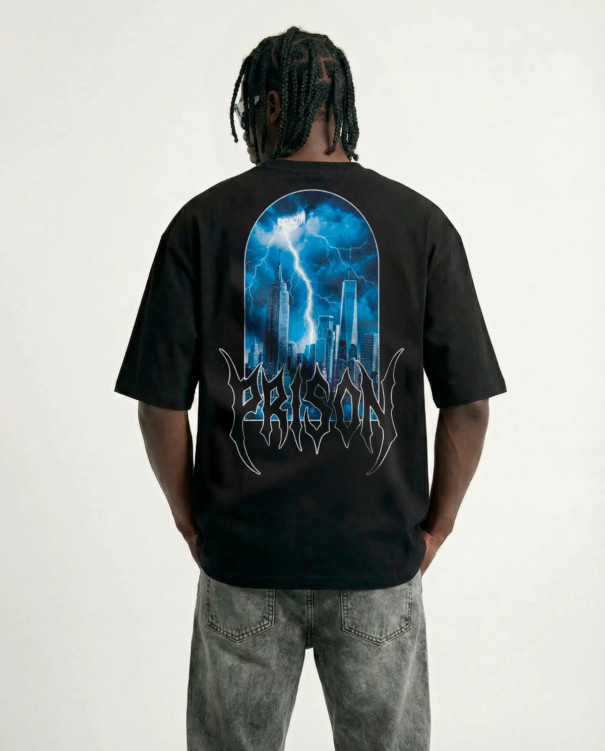 Oversized T Shirt Lightning NYC Skyline Black